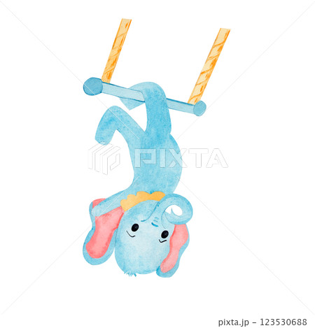 Watercolor cute elephant of a circus trapeze artist. Illustrated composition isolated on white background. Hand drawn illustration for kids and nursery, invitations, card templates, birthday cards. Watercolor cute elephant of a circus trapeze artist. Illustrated composition isolated on white background. Hand drawn illustration for kids and nursery, invitations, card templates, birthday cards. 123530688