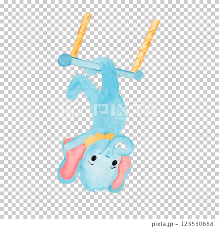Watercolor cute elephant of a circus trapeze artist. Illustrated composition isolated on white background. Hand drawn illustration for kids and nursery, invitations, card templates, birthday cards. Watercolor cute elephant of a circus trapeze artist. Illustrated composition isolated on white background. Hand drawn illustration for kids and nursery, invitations, card templates, birthday cards. 123530688