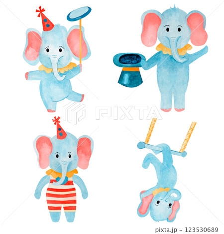 Watercolor set cute elephants of circus: juggling, illusionist, strongman, gymnastic. Hand drawn illustrated isolated on white background. For invitations, templates birthday and nursery 123530689