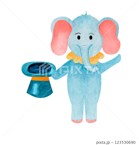 Watercolor illusionist elephant. Circus illustrated composition isolated from the background. Hand drawn illustration for kids and nursery, invitations, blogs, card templates, birthday and baby cards. 123530690