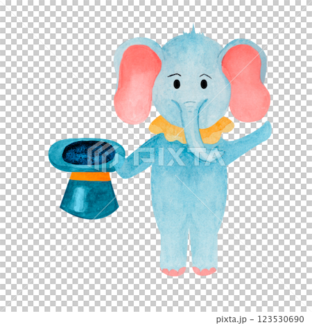 Watercolor illusionist elephant. Circus illustrated composition isolated from the background. Hand drawn illustration for kids and nursery, invitations, blogs, card templates, birthday and baby cards. 123530690