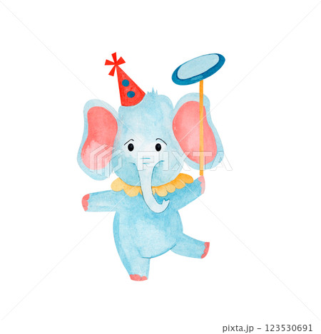 Watercolor cute elephant of a juggling circus clown with a plate. Illustrated composition isolated from the background. Hand drawn illustration for kids and nursery, invitations, templates 123530691