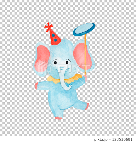 Watercolor cute elephant of a juggling circus clown with a plate. Illustrated composition isolated from the background. Hand drawn illustration for kids and nursery, invitations, templates 123530691