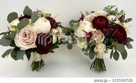 Modern wedding bouquets with greenery, burgundy red and white peonies, blush roses on a white background 123530720