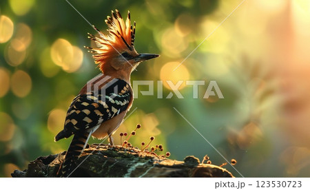 A Eurasian hoopoe is pictured close-up on a blurred green background illuminated by the morning sun A Eurasian hoopoe is pictured close-up on a blurred green background illuminated by the morning sun 123530723