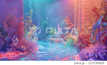 Surreal underwater world. Fantastical creatures, bioluminescent plants, and dreamlike architecture 123530829