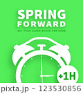 Spring Forward. Daylight saving time banner with alarm clock 123530856
