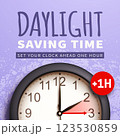 Spring Forward. Daylight saving time banner with realistic 3d clock 123530859