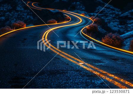 winding road illuminated glowing neon signs in the distance.ai generative 123530871
