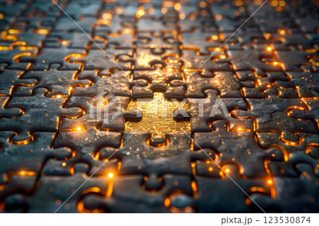 black jigsaw puzzle with one missing puzzle piece, business solve concept. generative ai 123530874