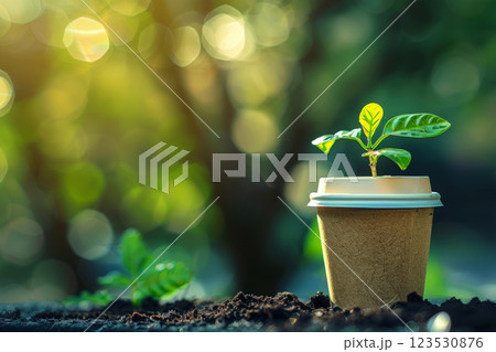 Sprout growing in the coffee cup. environmentally friendly, recycling, generated with AI 123530876