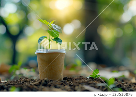 Sprout growing in the coffee cup. environmentally friendly, recycling, generated with AI 123530879