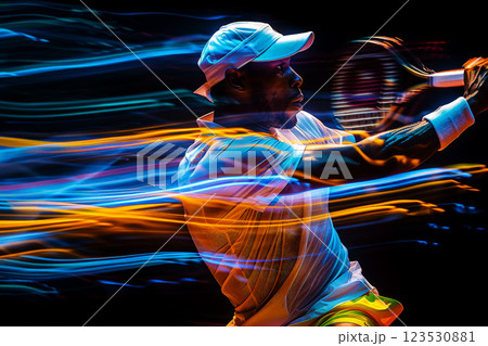 Focused athlete in tennis gear executing powerful forehand swing.ai generative 123530881