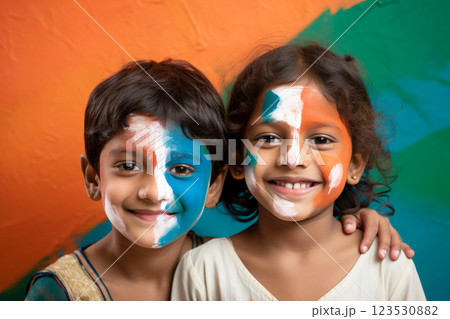 India child Supporter with Flag Face Paint . .Generative AI 123530882