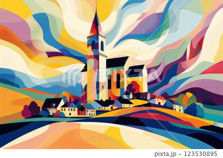 abstract of the beauty church in Europe. Vintage Style Travel Poster.ai generative 123530895