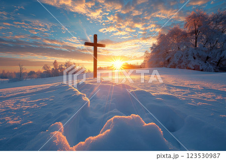 Wooden cross stands in the desert, rays of sunlight. Generative AI 123530987
