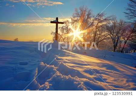 Wooden cross stands in the desert, rays of sunlight. Generative AI 123530991