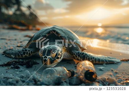 turtle diverse plastics looking with a judging face. Sea pollution and contamination concept. Generative AI. 123531028