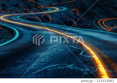 winding road illuminated glowing neon signs in the distance.ai generative 123531061