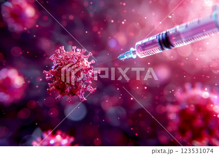 syringe injection with red virus cell and immune system, Generative Ai syringe injection with red virus cell and immune system, Generative Ai 123531074