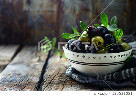 Olives in the bowl on wooden table. healthy food concept. AI generative 123531081
