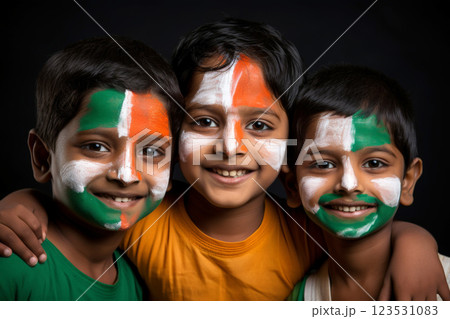 India child Supporter with Flag Face Paint . .Generative AI 123531083