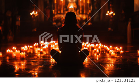 Christian woman praying near the candles in a church. Spirit of Christianity and belief in the goodness of God. 123531123