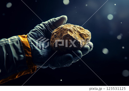 an astronaut hand holding silver platinum or rare earth mineral ore from the mine. an astronaut hand holding silver platinum or rare earth mineral ore from the mine. 123531125
