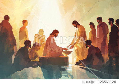 Jesus washing the feet of his disciple. Biblical scene concept. Jesus washing the feet of his disciple. Biblical scene concept. 123531126
