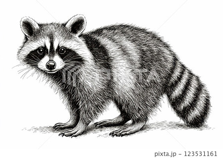 a Raccoon vintage line art illustration on a white background.,. 123531161