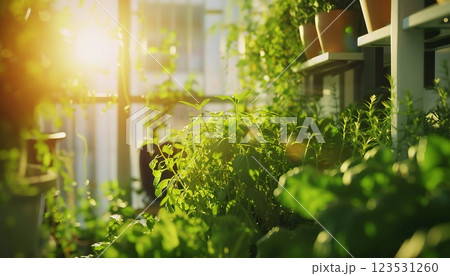Urban sustainability. Apartment balcony transformed into a vegetable garden Urban sustainability. Apartment balcony transformed into a vegetable garden 123531260