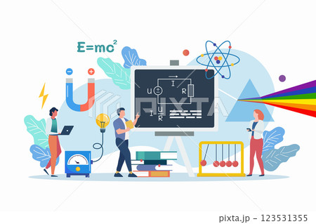 Science lab and school class. Physics scene with miniature people. 123531355