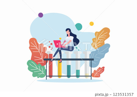 Woman sitting on flask tube. Chemistry scene with miniature people. Woman sitting on flask tube. Chemistry scene with miniature people. 123531357