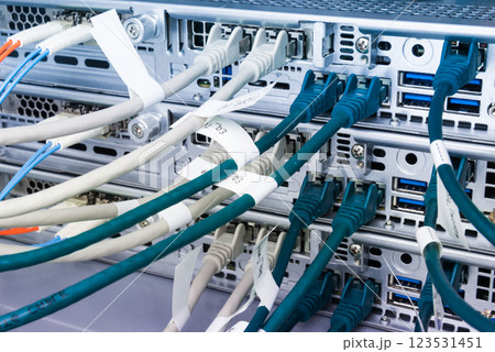 Fiber Optic cables connected to optic ports, network cables conn 123531451