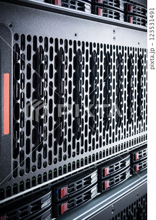 Array of data storage hard drives in internet data center 123531491