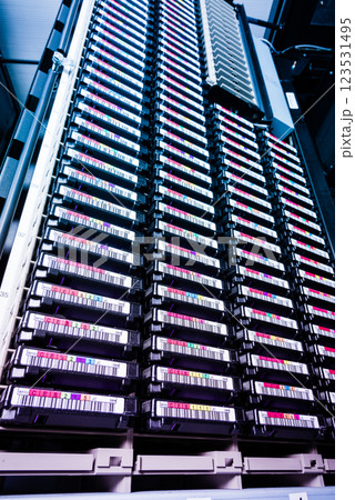 bottom view of hard disk cluster inside a rack - data storage co 123531495