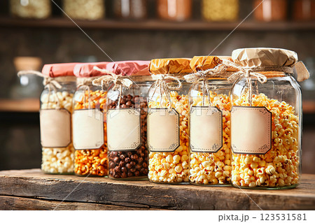 Artisan snack trend gourmet popcorn in glass jars with unique flavors and styled labels 123531581