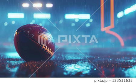 Image of a ball on a brightly lit field, goal posts blurred in the background, showing the energy and anticipation of the American Football Super Bowl Image of a ball on a brightly lit field, goal posts blurred in the background, showing the energy and anticipation of the American Football Super Bowl 123531633
