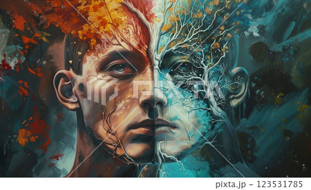 Two opposing facets of human awareness, symbolizing inner conflict or balance 123531785