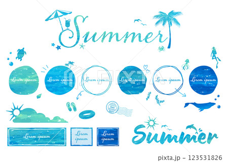 夏のデザイン素材 夏の海をイメージしたフレーム、バナー、ロゴ、あしらい、装飾セット 夏のデザイン素材 夏の海をイメージしたフレーム、バナー、ロゴ、あしらい、装飾セット 123531826