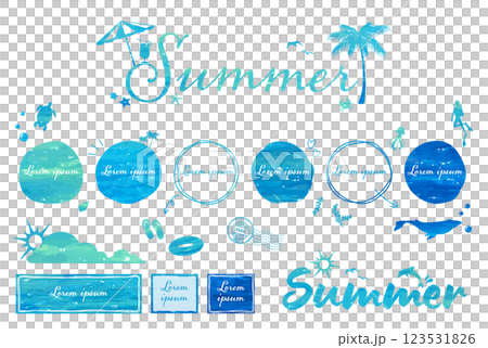 夏のデザイン素材 夏の海をイメージしたフレーム、バナー、ロゴ、あしらい、装飾セット 夏のデザイン素材 夏の海をイメージしたフレーム、バナー、ロゴ、あしらい、装飾セット 123531826