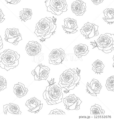 Sketchy seamless black and white floral pattern with roses. Good for textile or wrapping paper. Chaotic flowers background. Outline doodle flowers design 123532076