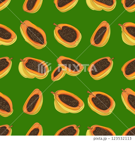 Papaya seamless pattern. Fruit on a green background. Food print Papaya seamless pattern. Fruit on a green background. Food print 123532113