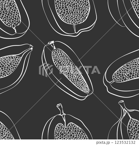 Papaya seamless pattern. Fruit monochrome background. Food black and white sketch print Papaya seamless pattern. Fruit monochrome background. Food black and white sketch print 123532132