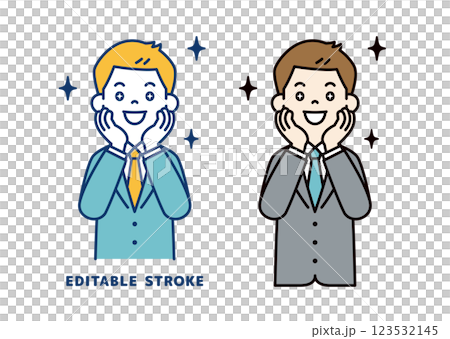 眼睛閃閃發光、充滿喜悅的年輕商人的向量插圖_線寬可以編輯 123532145