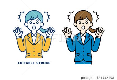 両手を広げて驚く、若い女性会社員のベクターイラスト素材＿線幅の編集可能 123532158