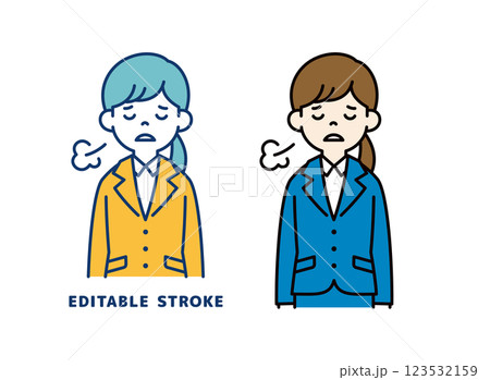 肩を落としてため息をつく、若い女性会社員のベクターイラスト素材＿線幅の編集可能 123532159