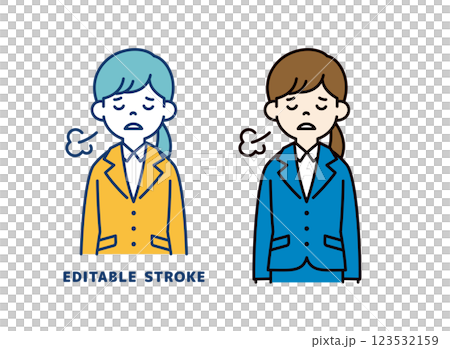 肩を落としてため息をつく、若い女性会社員のベクターイラスト素材＿線幅の編集可能 123532159