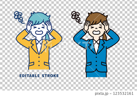 Vector illustration of a young female office worker holding her head with both hands_Line width can be edited 123532161