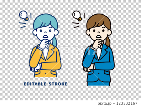 Vector illustration of a young female office worker with a surprised expression_Line width can be edited 123532167